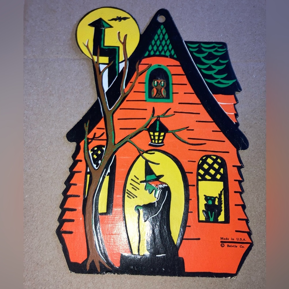 Vintage Beistle Co. Halloween Haunted House embossed die-cut with witch, owl